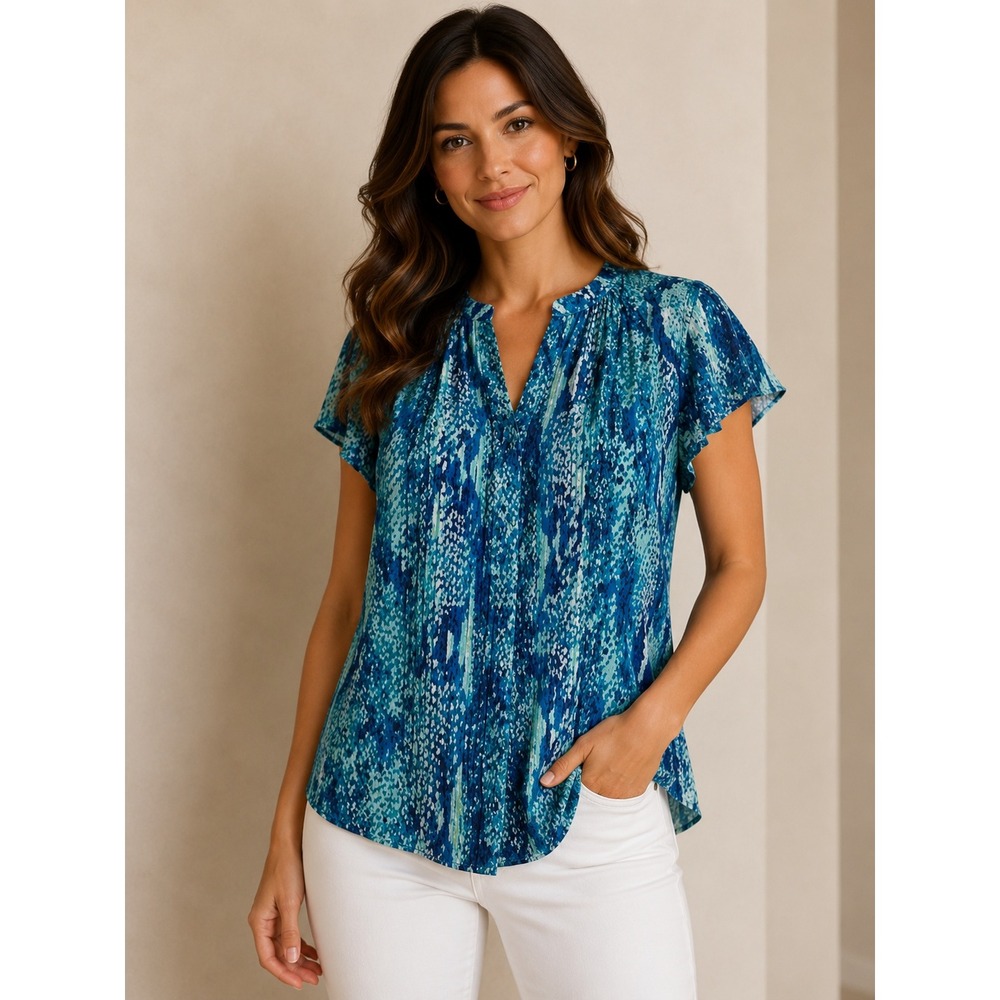 Covington Petite Blue Snakeskin Print Flutter Sleeve Pleated V-Neck Blouse XLP